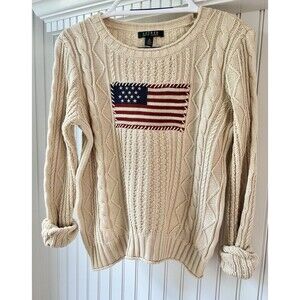 Vtg Ralph Lauren American Flag Aran Cable Knit Sweater 100% Cotton Cream Size M